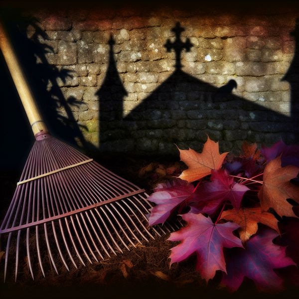 Mysterieuze Tuin met Hark en Herfstbladeren Een traditionele hark leunt tegen een oude stenen muur in een mysterieuze tuin vol herfstbladeren.