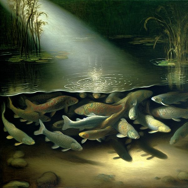 Harmonieuze school vissen in een serene vijver Een serene vijver met verschillende soorten kleurrijke vissen die samen zwemmen, belicht door zonlicht.