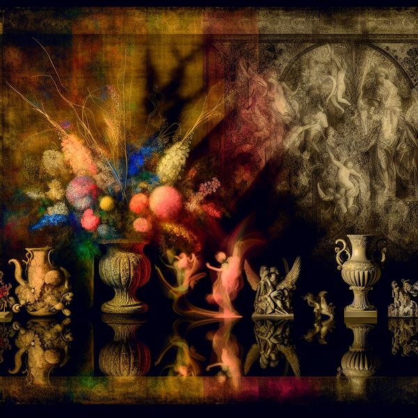 Harmonieuze Schilderij met Symmetrische Objecten Een harmonieuze scène met kleurrijke, fijne objecten in symmetrische opstelling, weerspiegelt een gevoel van eenheid en schoonheid.