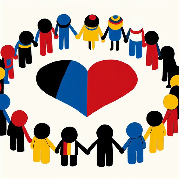 Illustratie hart en eenheid voor emotionele uitdrukkingen in het Nederlands Minimalistische illustratie van een groep kinderfiguren die samen een groot hart vasthouden, symboliserend eenheid en emotionele betrokkenheid in taaluitdrukkingen