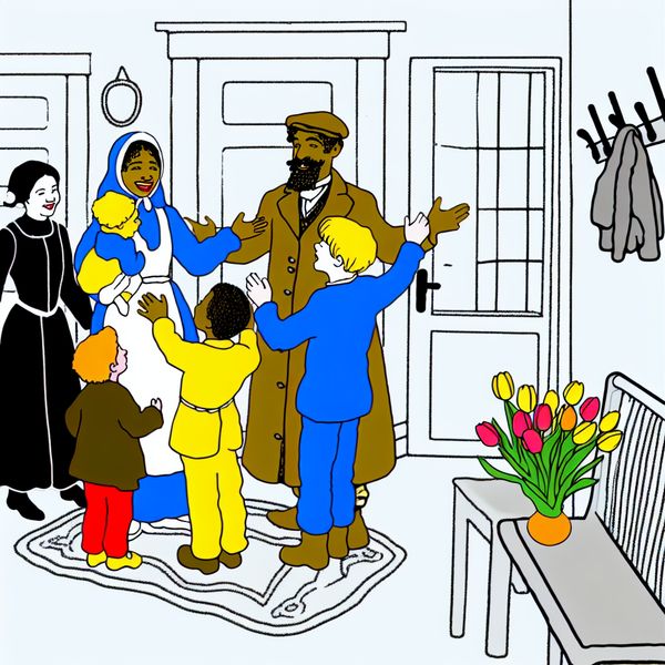 Minimalistische illustratie van een hartelijke ontvangst bij een Nederlands gezin, met een glimlachende familie die een man verwelkomt in hun huis, in de stijl van Dick Bruna