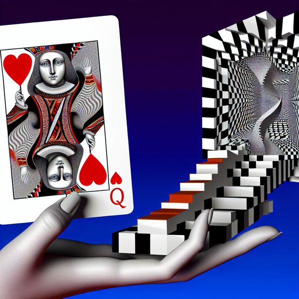 Harten Dame speelkaart met optische illusies en Escher-achtige patronen Hand houdt een surrealistische speelkaart vast met de Harten Dame, omringd door optische illusies en geometrische patronen in de stijl van M.C. Escher