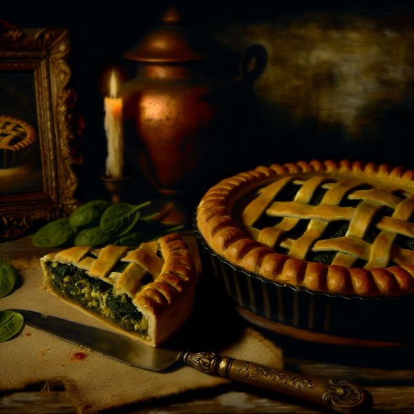 Hartige taart uit de oven: spinazietaart met gouden korst en smeltkaas Donkere, symbolische stilleven van een versgebakken hartige taart met spinazie en kaas, geïnspireerd op Félicien Rops, op een rustieke houten tafel met een mes en spinazieblaadjes