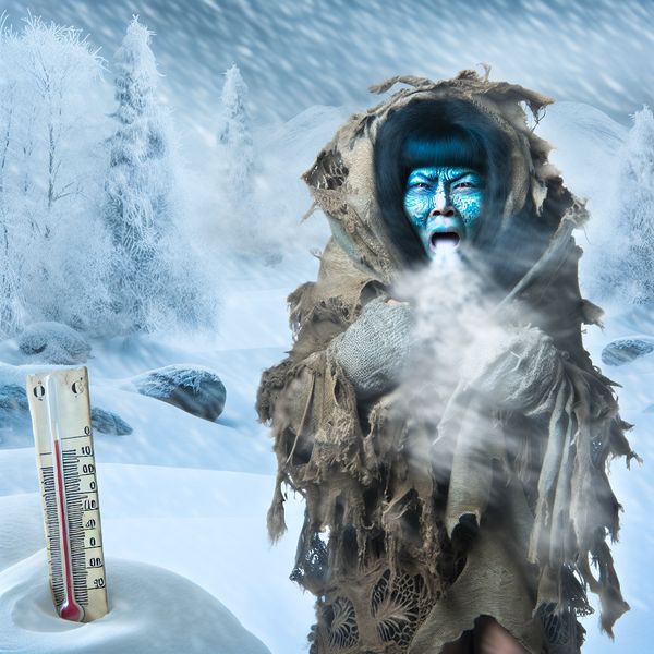 Persoon in gescheurde dikke winterjas bibberend van extreme kou in surrealistisch besneeuwd landschap met vorstpatronen en lage temperatuur op thermometer