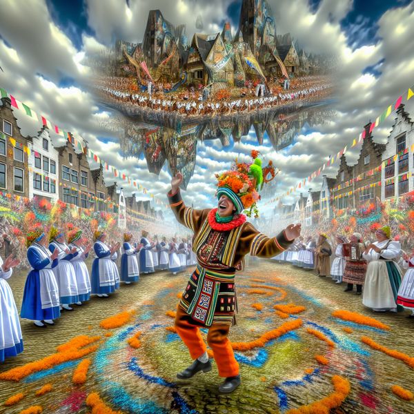Haspengouwer Festival: Traditionele Cultuur en Gemeenschapsleven Surrealistische afbeelding van een Haspengouwer in traditionele kleding tijdens een festival omgeven door kleurrijke versieringen en een dramatische lucht.
