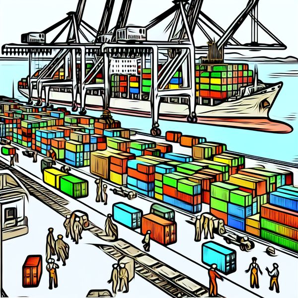 Havenoverslagplaats met containers en logistieke activiteiten - educatieve cartoonillustratie Drukke overslagplaats in een haven met een vrachtschip, containers, kranen en actieve havenarbeiders in een speelse cartoonstijl