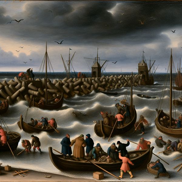 Veiligheid van boten in een stormachtige haven Een levendige haven tijdens een storm met vissers die hun boten veiligstellen.