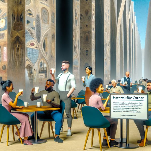 Havermelkelite Café Scène Een hyper-realistisch en licht surrealistisch tafereel in een druk stads café met de 'havermelkelite' in gesprek over hun oat milk lattes.