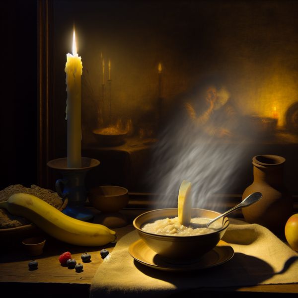 Warme kom havermoutpap met verse bessen en banaan op een houten tafel, verlicht door kaarslicht in Rembrandt-stijl