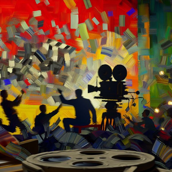 Hectische Filmset in Abstracte Expressie Abstracte expressie van een hectische filmset met een enthousiaste regisseur en een levendige achtergrond die een besteller symboliseert.