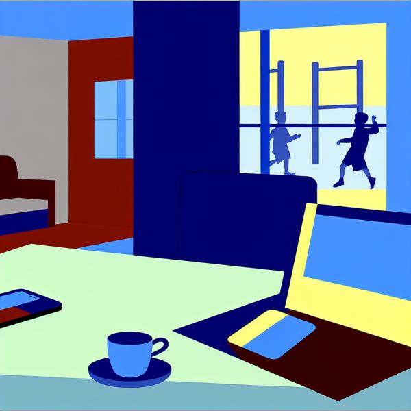 Minimalistische illustratie van een moderne werkplek met laptop, smartphone en koffiekop, met een vage achtergrond van spelende kinderen uit het verleden, symboliserend 'heden'