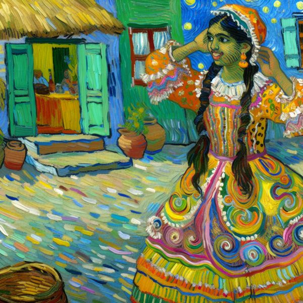 Kleurrijke jurk in Van Gogh-stijl: heel leuk en aantrekkelijk Vrolijke jonge vrouw in een kleurrijke, levendige jurk met ingewikkelde patronen, geschilderd in de kenmerkende stijl van Vincent van Gogh met dikke, zwierige penseelstreken en een zonnige achtergrond
