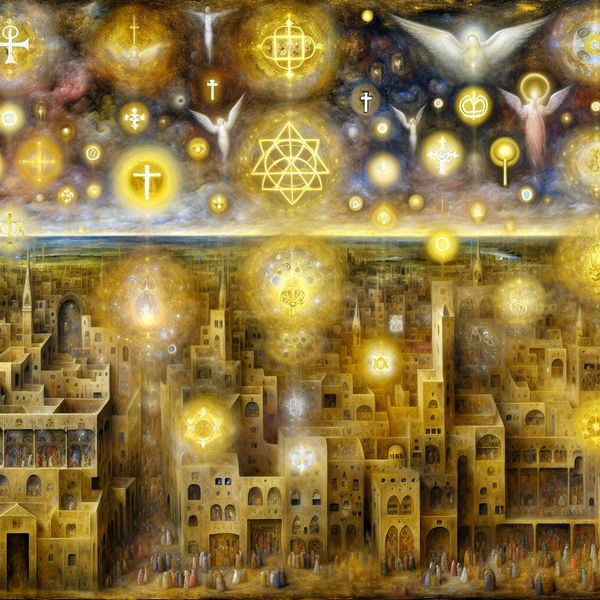 Heilige stad met religieuze symbolen en pelgrims in goddelijke sfeer Surrealistisch tafereel van een heilige stad met religieuze symbolen en pelgrims, geïnspireerd op Hieronymus Bosch