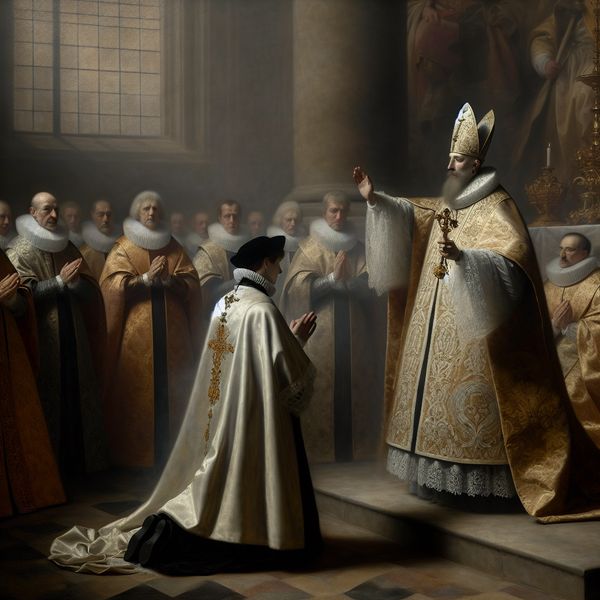 Paus verleent zegen tijdens plechtige heiligverklaring in kathedraal met religieuze iconografie en geestelijken in historische gewaden