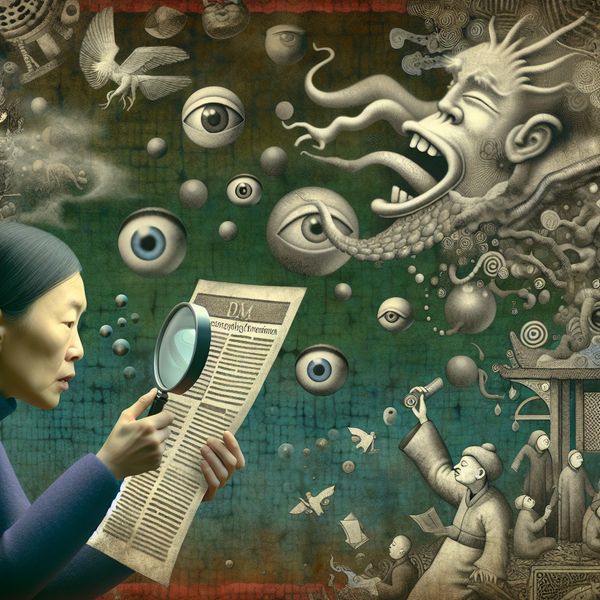Stiekem informatie zoeken: surrealistische weergave van rondkijken en neuzen Surrealistisch tafereel van een persoon die stiekem informatie zoekt achter een krant vastgehouden door een bizar wezen, met zwevende ogen en fluisterende monden in een mysterieuze sfeer