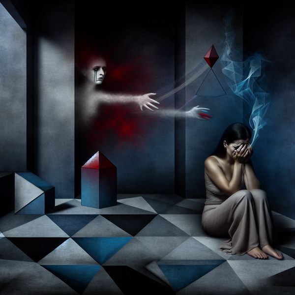 Vrouw in abstracte kamer met tranen, omringd door schaduwen en geestverschijning van kind, symboliserend intense emotionele pijn en verdriet