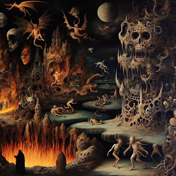 Surrealistische voorstelling van de hel geïnspireerd op Hieronymus Bosch, met demonen, zondaars en een nachtmerrieachtig landschap vol symboliek en eeuwige straf