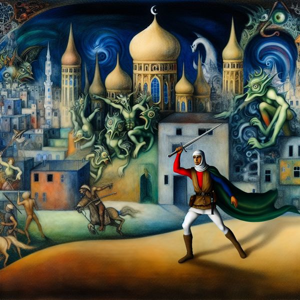 Held beschermt stad tegen monsters - Surrealistische kunst Een held staat dapper voor een fantasierijke stad onder belegering, beschermd tegen bizarre aanvallers.