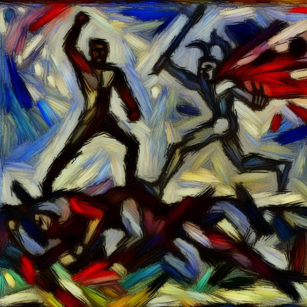 Held versus Schurk in Dramatische Finale Abstract expressionist afbeelding van een held die een schurk confronteert in een dramatische finale.