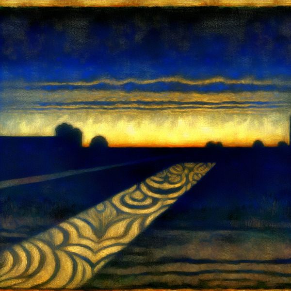 Symbolisch schilderij van een heldere ochtendscène bij zonsopgang, met een overgang van donkerblauwe nacht naar gouden daglicht, in de stijl van Félicien Rops