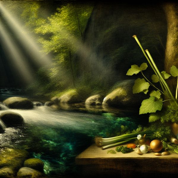 Zuivere Bergbeek met Verse Ingrediënten Een helder bergstromend water dat zachtjes over gladde stenen stroomt, met verse groenten en kruiden op een rustieke houten tafel.