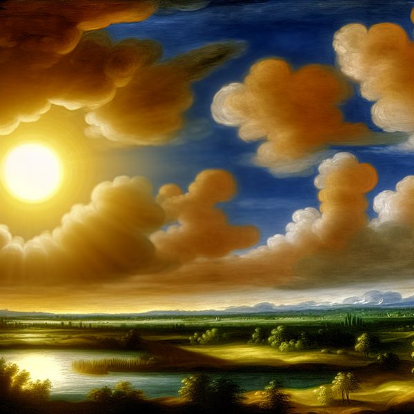 Een majestueus landschap met een grote zon die helder licht uitstraalt, omringd door luchtige wolken en groene velden.