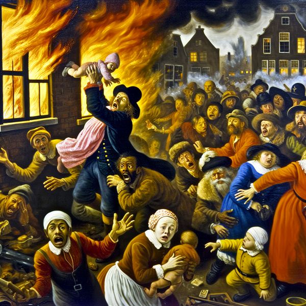 Redding uit brandend huis: heldhaftig moment met risico en spanning Dramatische reddingsscène uit een brandend huis in de stijl van Jan Steen, waarbij een man een kind redt en zijn leven riskeert