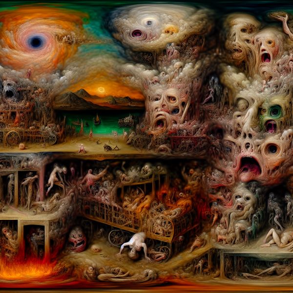 Surrealistisch nachtelijk tafereel met groteske figuren en helse landschappen, symbool voor een zeer onaangename ervaring
