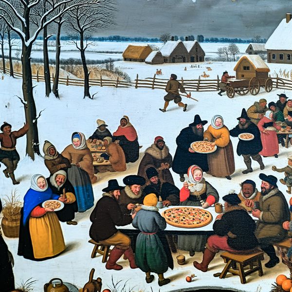 Hendrick Avercamp Winterlandschap met Gedeelde Pizza Groep mensen in winterlandschap met focus op gedeelde pizza