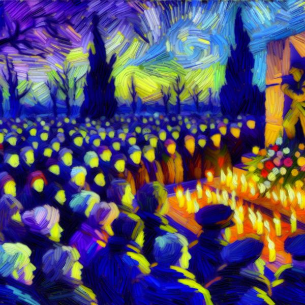 Herdenkingsceremonie met respect en eerbetoon in Van Gogh-stijl Groep mensen in stille eerbied bij een oorlogsmonument met kaarsen en bloemen tijdens een herdenkingsceremonie bij zonsondergang, in Van Gogh-stijl