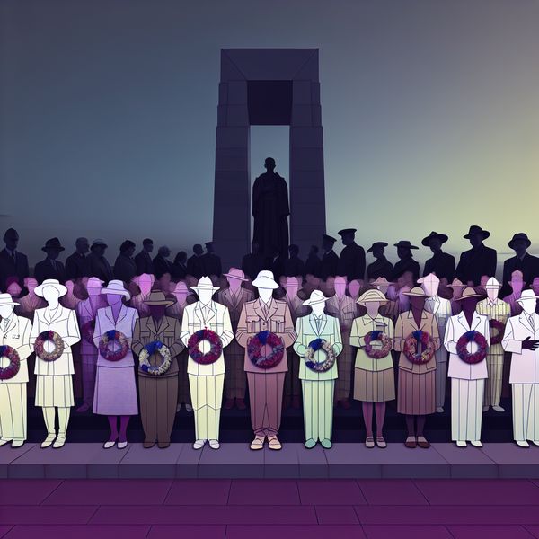 Diverse groep mensen in stilte bij een oorlogsmonument tijdens een herdenking bij schemering, retro-futuristische stijl