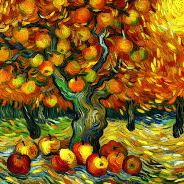 Herfstscène met Appelboom geïnspireerd door Van Gogh Een kleurrijke herfstscène met een appelboom vol rijpe appels en gouden bladeren in de achtergrond.