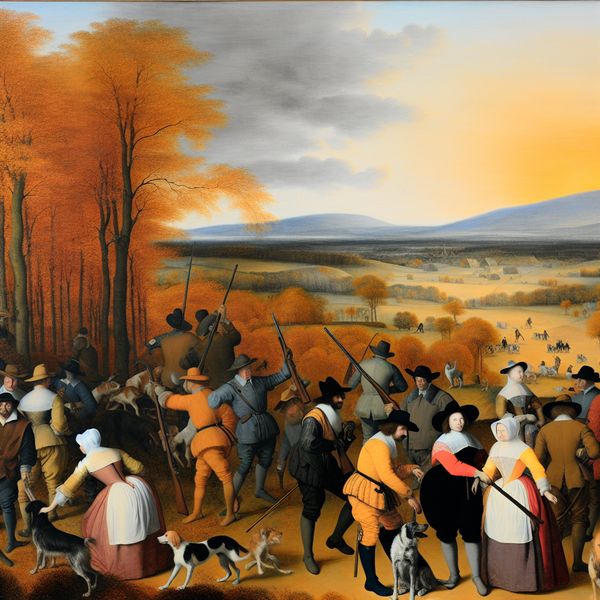 Een levendig herfsttafereel van jagers in traditionele kleding, omringd door een prachtige herfstomgeving met dynamische beweging.