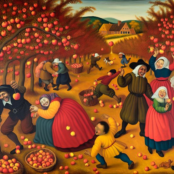 Herfstappel oogst in een boomgaard Gezellige herfstscène met een familie die appels oogst in een boomgaard