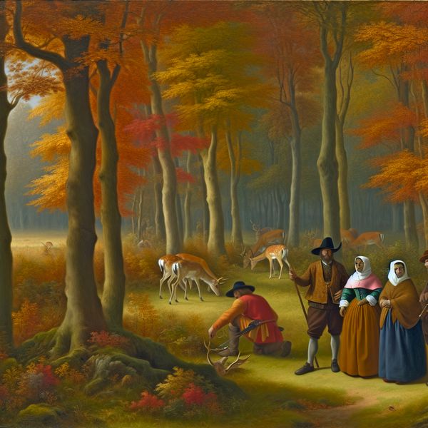 Herfstscene met jagers in traditionele kleding, terwijl ze zich voorbereiden in een levendig bos vol herfstblad