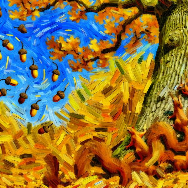 Herfstscène met een eik die gouden en bruine bladeren verliest en eikels op de grond laat vallen, omgeven door speelse eekhoorns.
