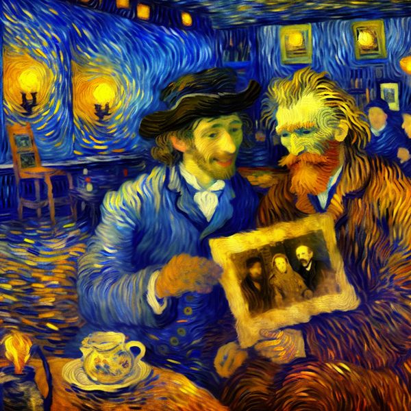 Nostalgische vriendschap: herinneringen ophalen in Van Gogh-stijl Twee vrienden in een nostalgisch Van Gogh-café, kijkend naar een oude foto terwijl ze warme herinneringen ophalen