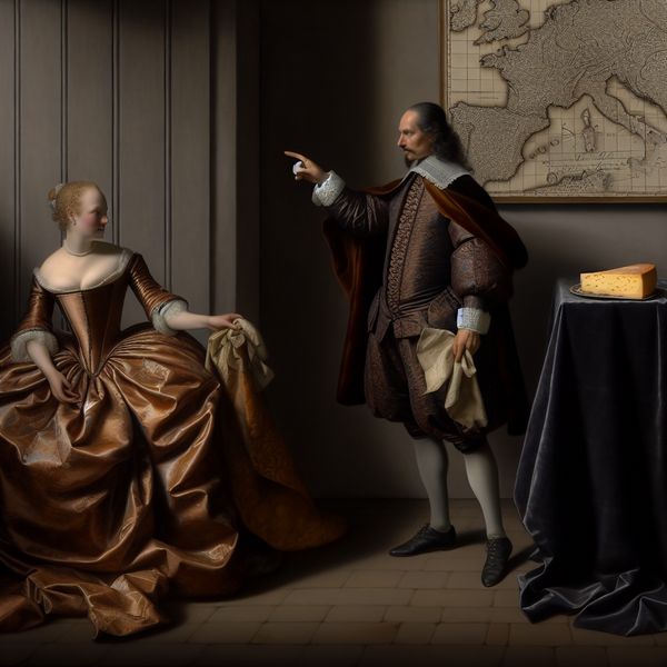 17e-eeuws Hollands interieur met twee personen die wijzen naar een kaart van Europa en Franse kaas vasthouden, ter illustratie van het begrip herkomst