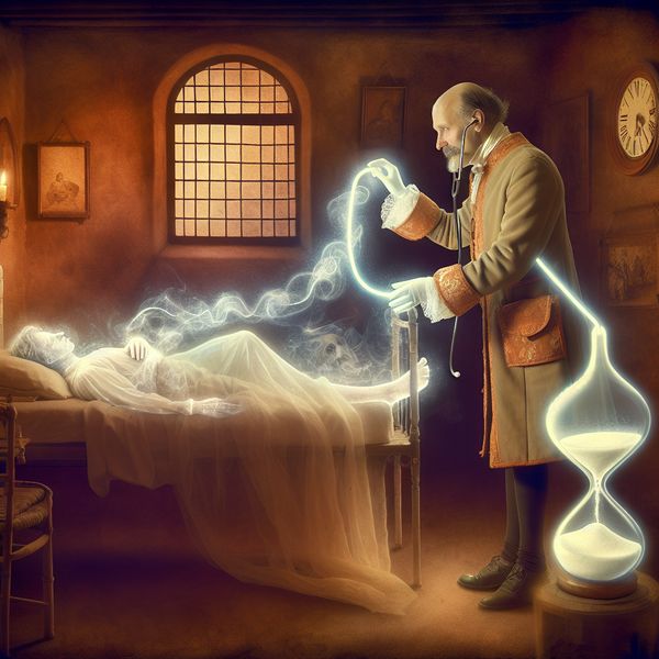 Herstel van levenskracht: symbolische genezing in vintage sfeer Zorgzame dokter herstelt levenskracht van fragiele patiënt in nostalgische kamer met etherische energie