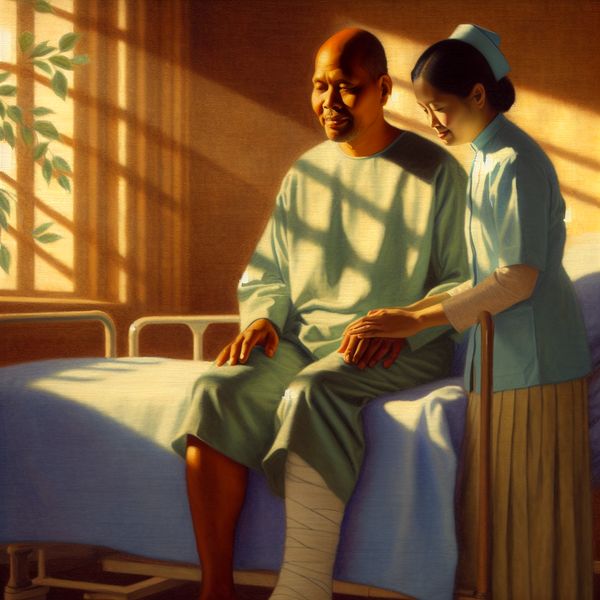 Herstel na Chirurgie: Eerste Stappen naar Genezing Een patiënt op een ziekenhuisbed toont dankbaarheid en opluchting terwijl een fysiotherapeut helpt bij de eerste stappen na de operatie.