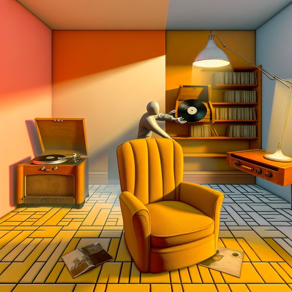 Herstel van een vintage woonkamer: terug naar de oorspronkelijke toestand Retro-futuristische woonkamer in herstel, met vintage meubels en een platenspeler die een vinyl afspeelt, symboliserend het terugbrengen naar de oorspronkelijke staat