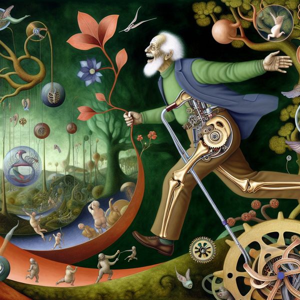 Herwonnen mobiliteit bij ouderen na heupoperatie in surrealistisch kunstwerk Oudere man wandelt vrolijk door een surrealistisch droomlandschap met symbolen van herstel na een heupoperatie, omringd door mechanische gewrichten en fantasiewezens