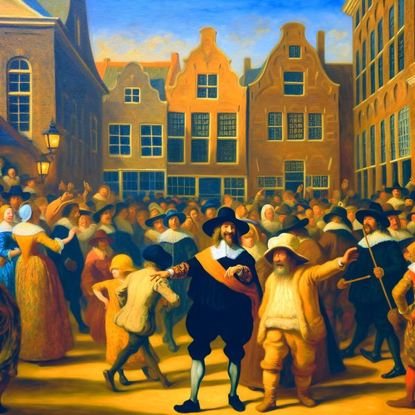 Vrijheid van keuze in de Nederlandse Gouden Eeuw - Het staat je vrij betekenis 17e-eeuwse Nederlandse stadspleinscène met een groep mensen die keuzes bespreken, symbool voor vrijheid en toestemming in de stijl van Frans Hals