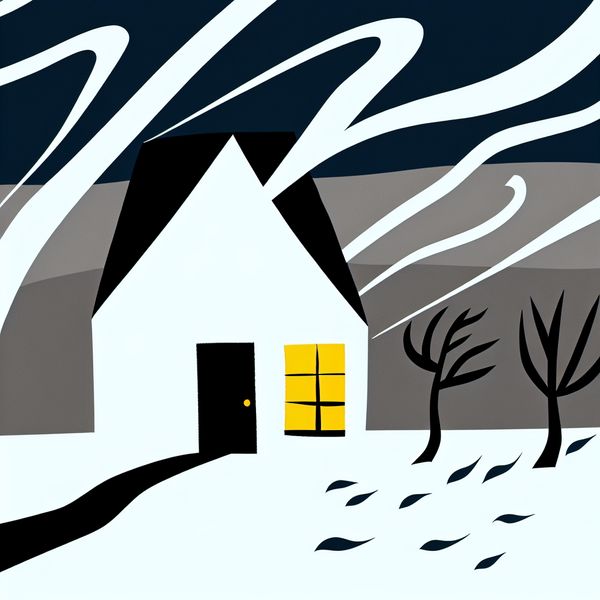 Hevige storm illustratie - Nederlands weer leren voor taalstudenten Minimalistische illustratie van een gezellig huis tijdens een hevige storm met bliksem, harde wind en gebogen bomen