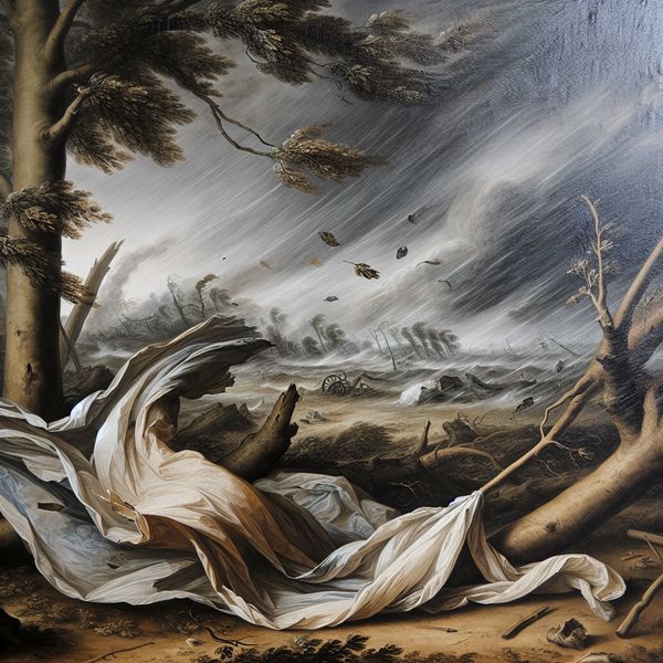 Dramatische stormscène met omgewaaide bomen, rondvliegend puin en wilde wind, geschilderd in de stijl van Gerard ter Borch