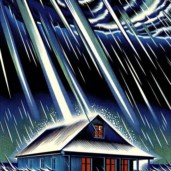 Retro-futuristische illustratie van een klein huis onder een hevige storm met geometrische regendruppels en een dramatische nachtelijke hemel