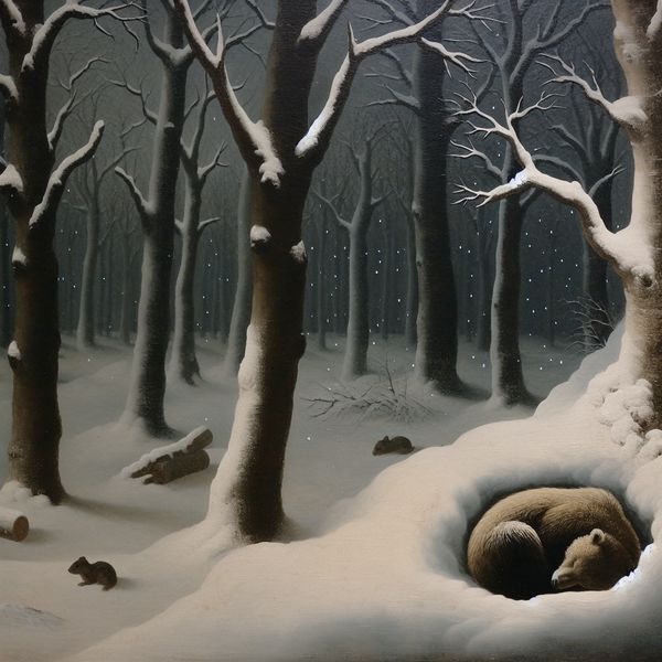 Hibernatie van dieren in de winter Een beer in zijn den die vredig slaapt terwijl sneeuwvlokken vallen in een winterbos.