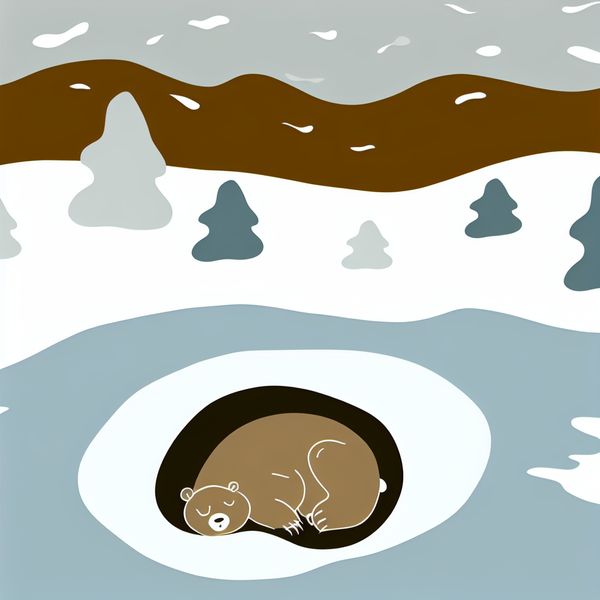 Hibernerende Beer in een Warme Burcht Minimalistische illustratie van een behaaglijke, warme burcht met een slapende beer, omringd door sneeuw.