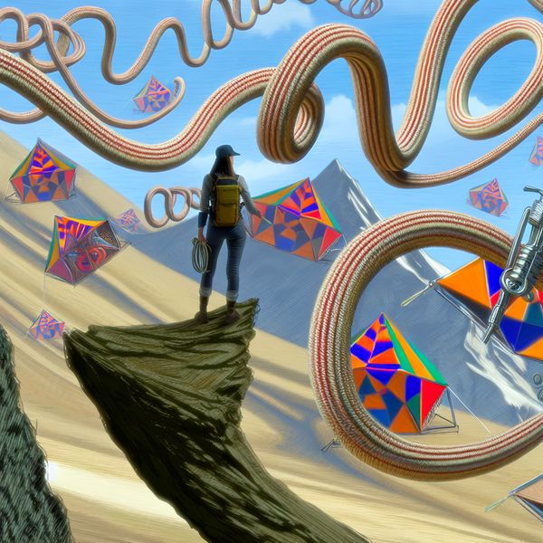 Hiker Met Tochtband In Surrealistisch Landschap Een surrealistisch landschap met een hiker die een dunne, flexibele tochtigband gebruikt om campinguitrusting te binden, omgeven door geometrisch gevormde tenten en een ongewone, kronkelige weg in de achtergrond.