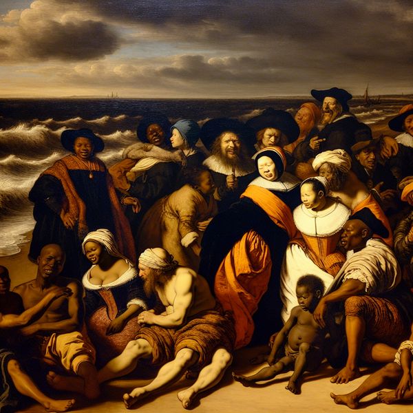 Historisch dagje uit aan het strand: Nederlandse strandgebeurtenis in Rembrandt-stijl 17e-eeuwse Nederlandse strandtafereel met groep mensen in historische kleding die genieten van een dagje uit aan zee, geschilderd in Rembrandt-stijl met dramatisch clair-obscur